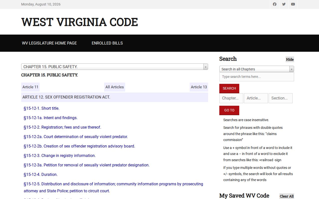 West Virginia Sex Offender Registration Act source for Nicholas County registry records